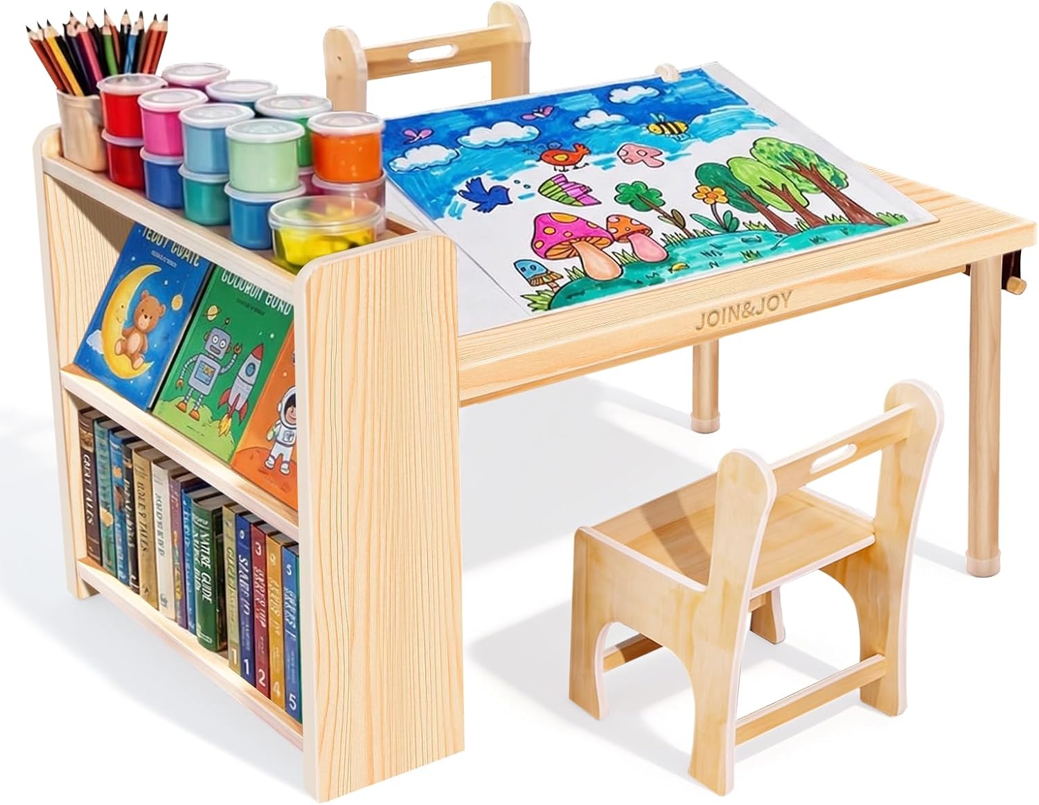 Art Craft Toddlers - ชุดโต๊ะศิลปะไม้สำหรับเด็กพร้อมเก้าอี้ 2 ตัว ชั้นวางของสำหรับงานฝีมือ โต๊ะสำหรับเด็กเล็ก เสริมสร้างความคิดสร้างสรรค์
