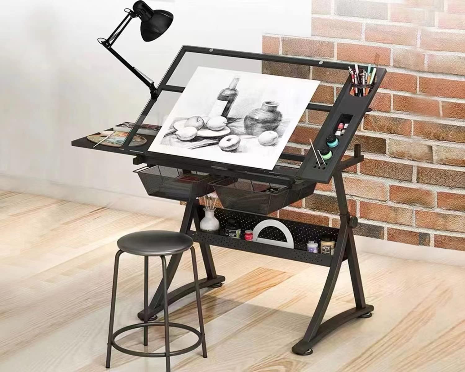 Art And Craft Studio - โต๊ะทำงานศิลปะกระจก – โต๊ะเขียนแบบและวาดภาพระดับมืออาชีพ ปรับระดับได้ โต๊ะศิลปะท็อปกระจก สำหรับงานฝีมือ