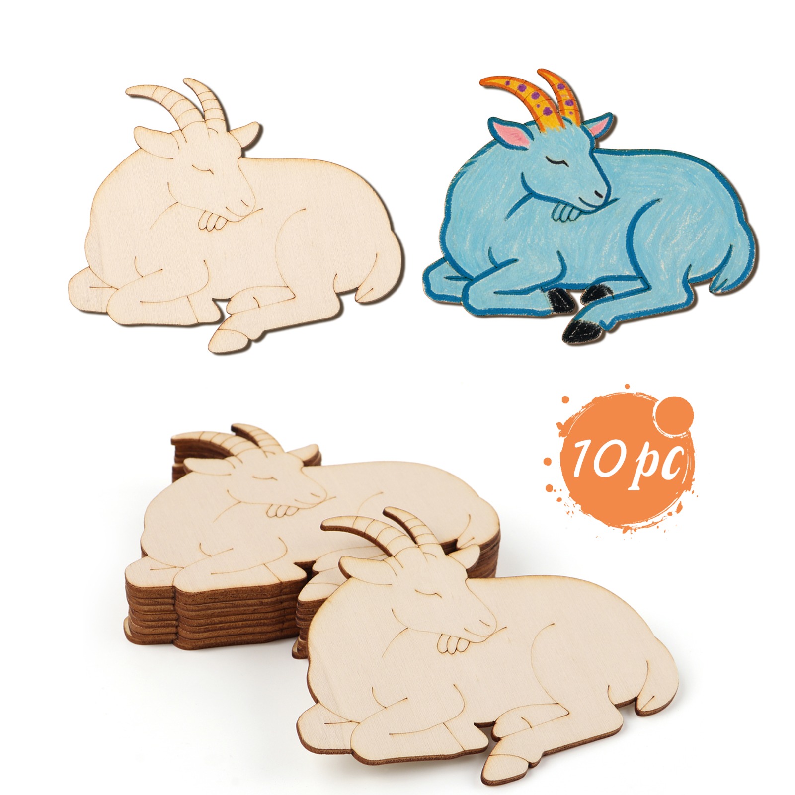 Art Craft Wood - ชุดงานฝีมือไม้แกะสลักรูปแกะ 10 ชิ้น/ชุด สำหรับทำของตกแต่งแขวนผนัง งานศิลปะ DIY